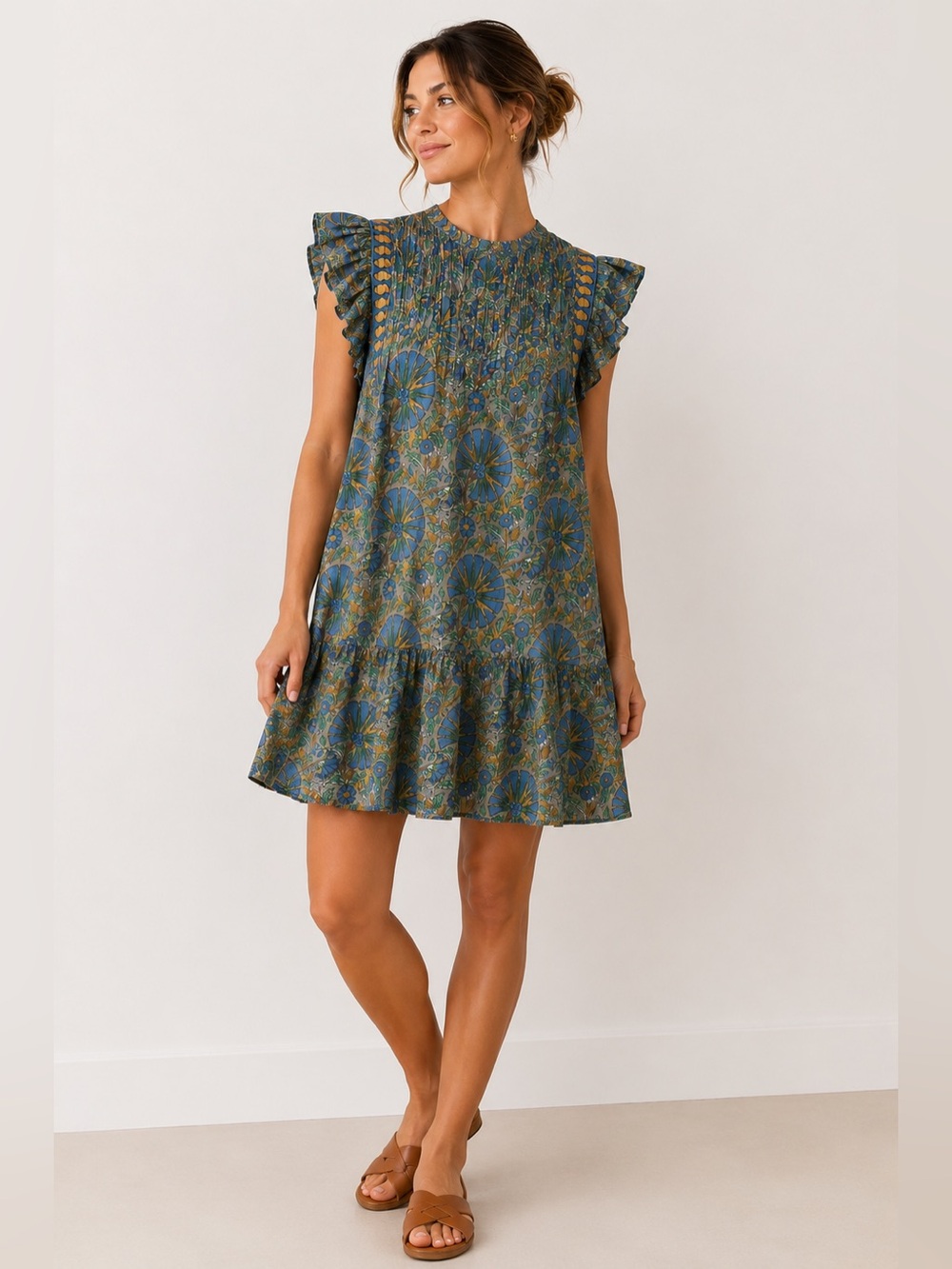 Oliphant Floral Ruffle Sleeve Cotton Mini Dress Size Small Blue Gold